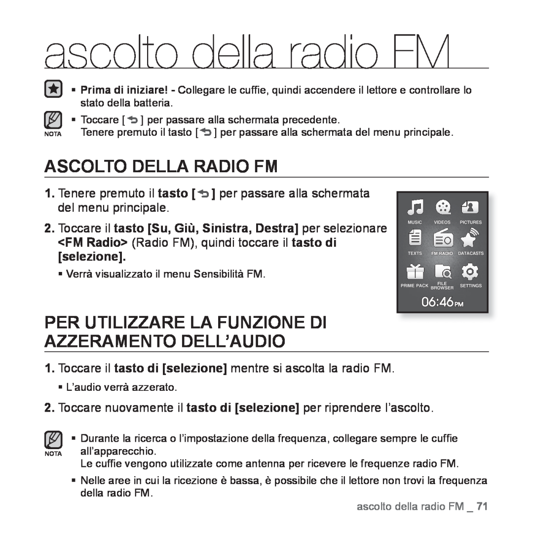 Samsung YP-Q1JAB/EDC ascolto della radio FM, Ascolto Della Radio Fm, Per Utilizzare La Funzione Di Azzeramento Dell’Audio 