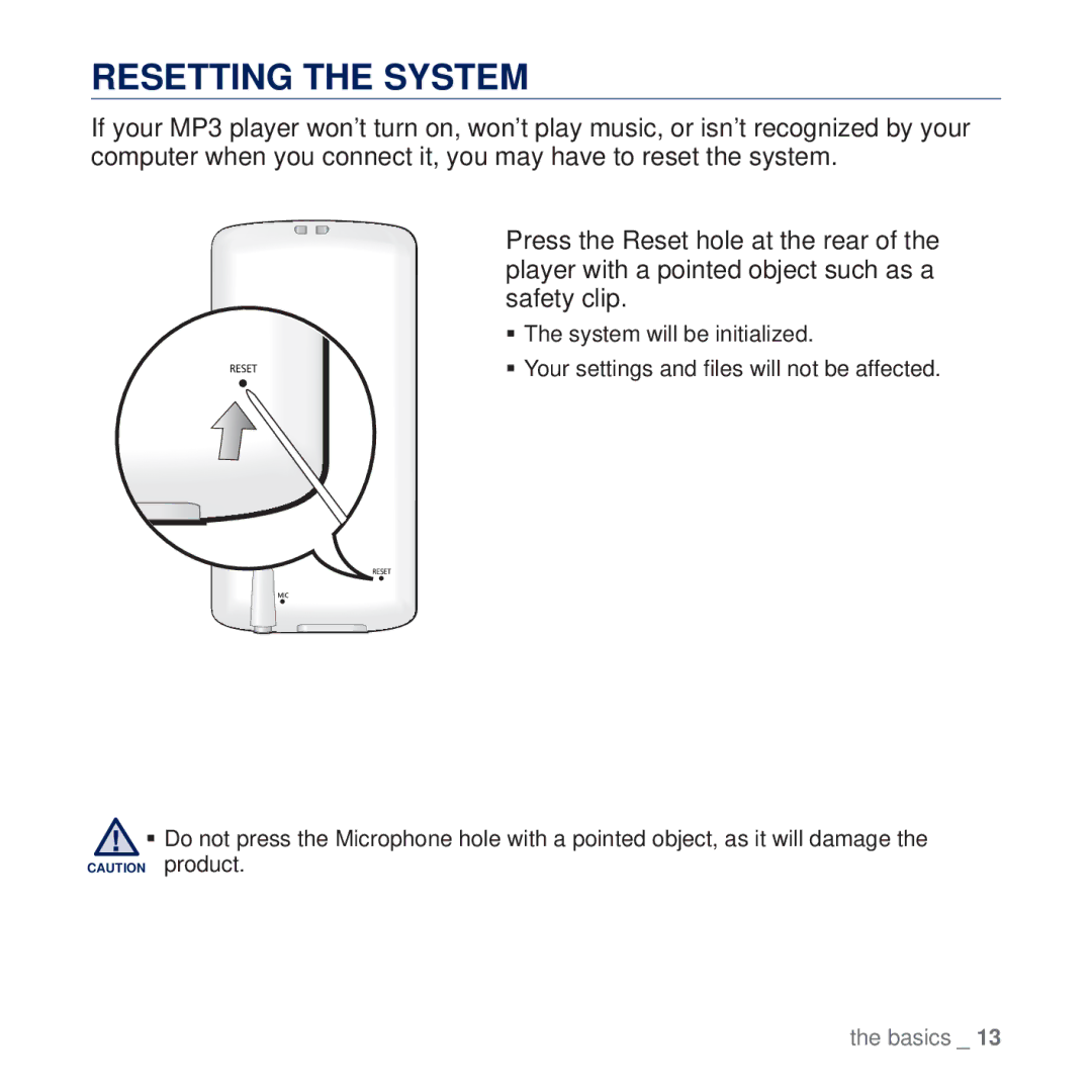 Samsung YP-Q2AW/XSV, YP-Q2CB/AAW, YP-Q2CB/HAC, YP-Q2CB/MEA, YP-Q2AW/AAW, YP-Q2CW/HAC, YP-Q2CW/MEA manual Resetting the System 