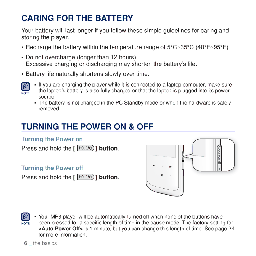 Samsung YP-Q2CB/SUN Caring for the Battery, Turning the Power on & OFF, Press and hold the button, Turning the Power off 