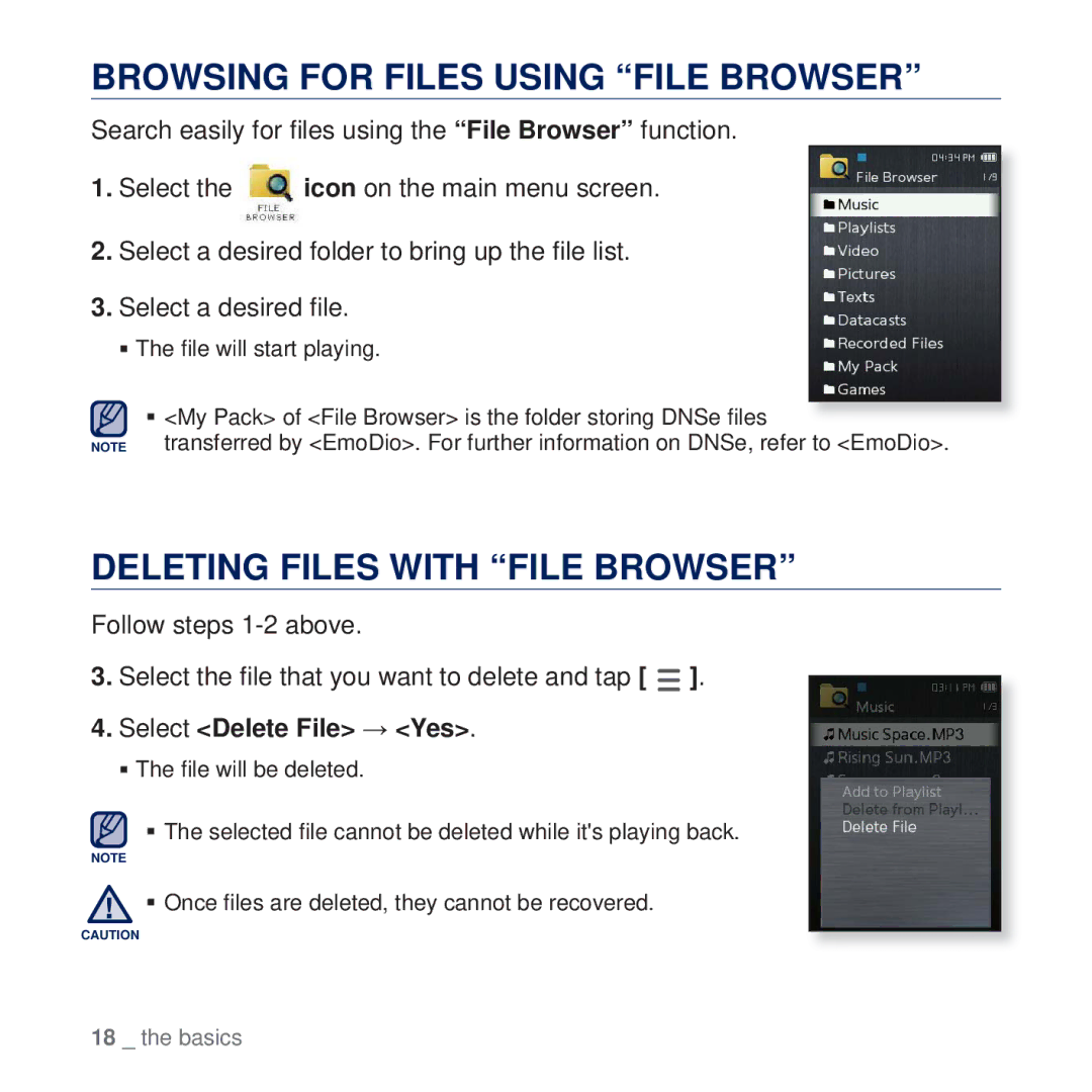 Samsung YP-Q2AW/SUN manual Browsing for Files Using File Browser, Deleting Files with File Browser, Select Delete File Yes 