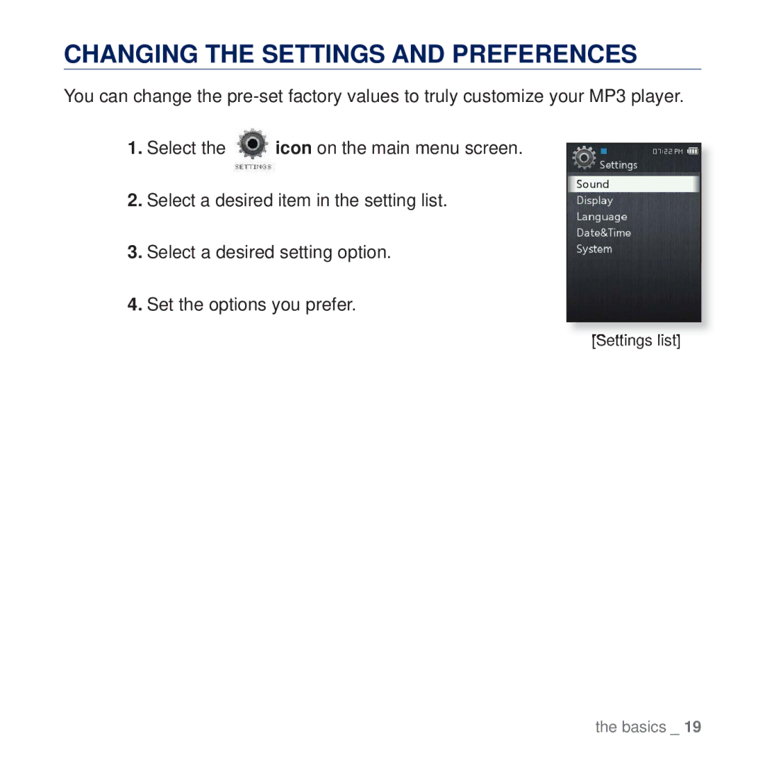 Samsung YP-Q2CB/AAW, YP-Q2CB/HAC, YP-Q2CB/MEA, YP-Q2AW/AAW, YP-Q2CW/HAC, YP-Q2CW/MEA Changing the Settings and Preferences 