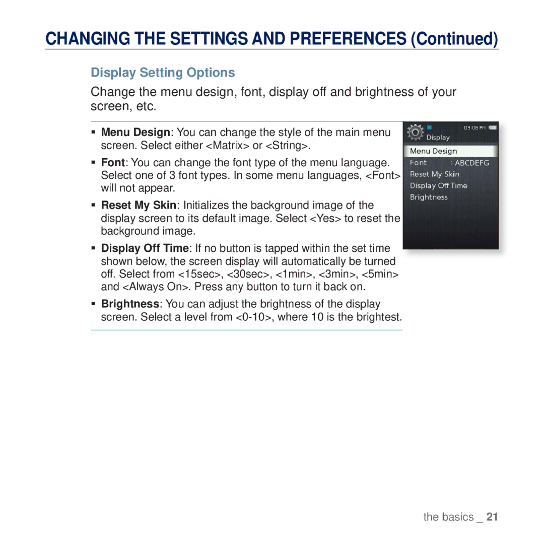 Samsung YP-Q2CB/MEA, YP-Q2CB/AAW, YP-Q2CB/HAC, YP-Q2AW/AAW, YP-Q2CW/HAC, YP-Q2CW/MEA, YP-Q2AB/AAW manual Display Setting Options 