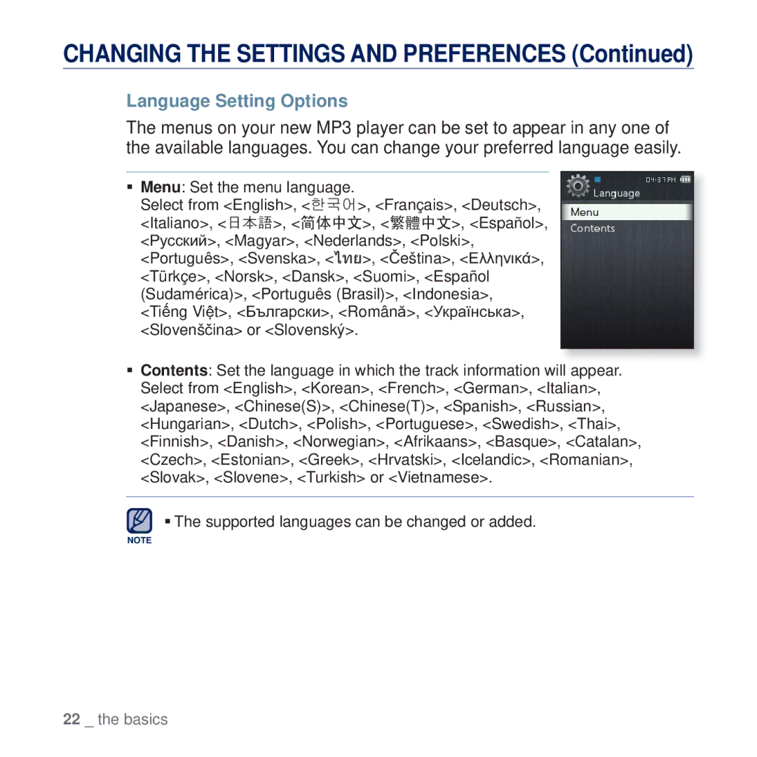 Samsung YP-Q2AW/AAW, YP-Q2CB/AAW, YP-Q2CB/HAC, YP-Q2CB/MEA, YP-Q2CW/HAC, YP-Q2CW/MEA, YP-Q2AB/AAW manual Language Setting Options 