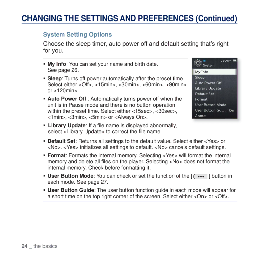 Samsung YP-Q2CW/MEA, YP-Q2CB/AAW, YP-Q2CB/HAC, YP-Q2CB/MEA, YP-Q2AW/AAW, YP-Q2CW/HAC, YP-Q2AB/AAW manual System Setting Options 