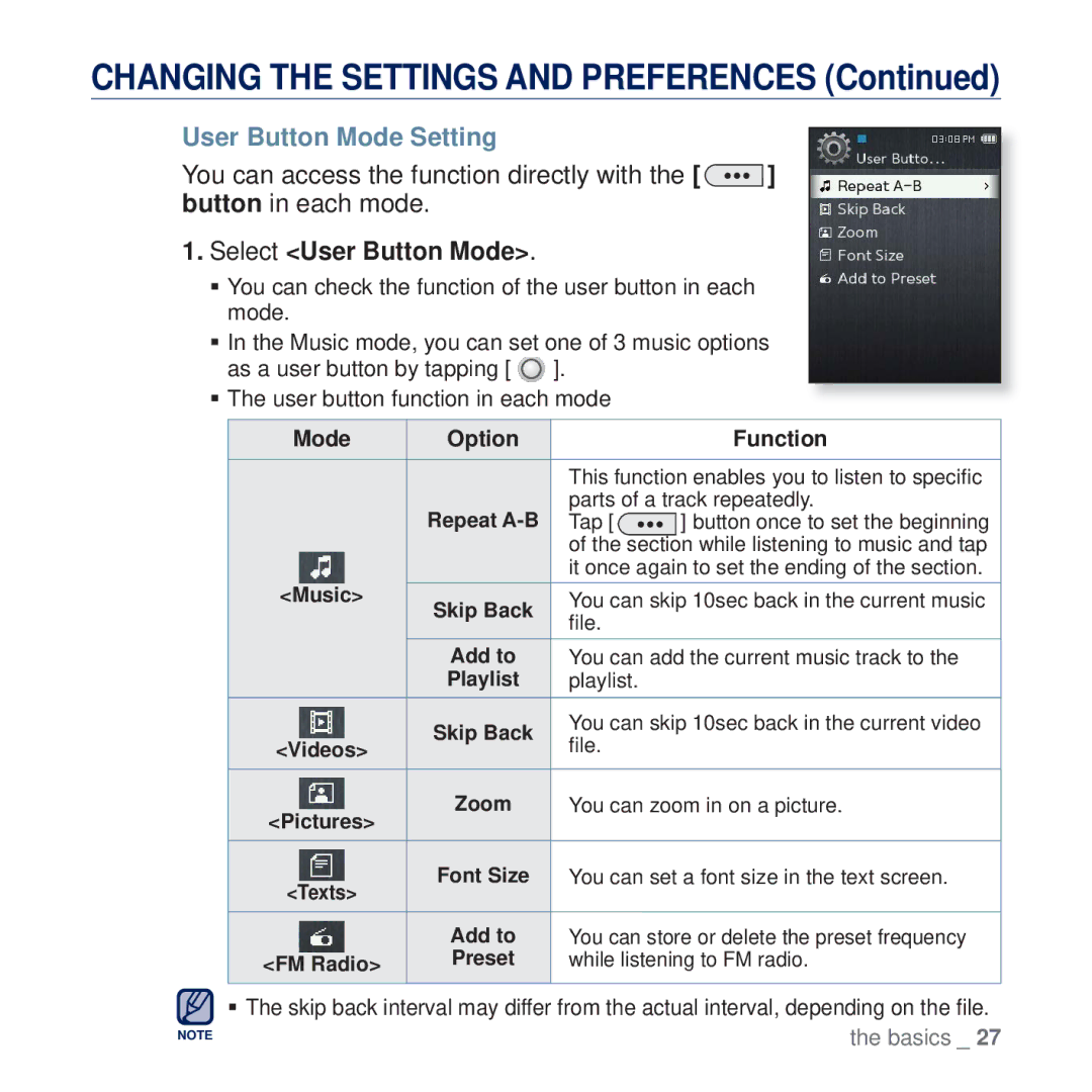 Samsung YP-Q2AB/HAC, YP-Q2CB/AAW, YP-Q2CB/HAC, YP-Q2CB/MEA, YP-Q2AW/AAW User Button Mode Setting, Select User Button Mode 