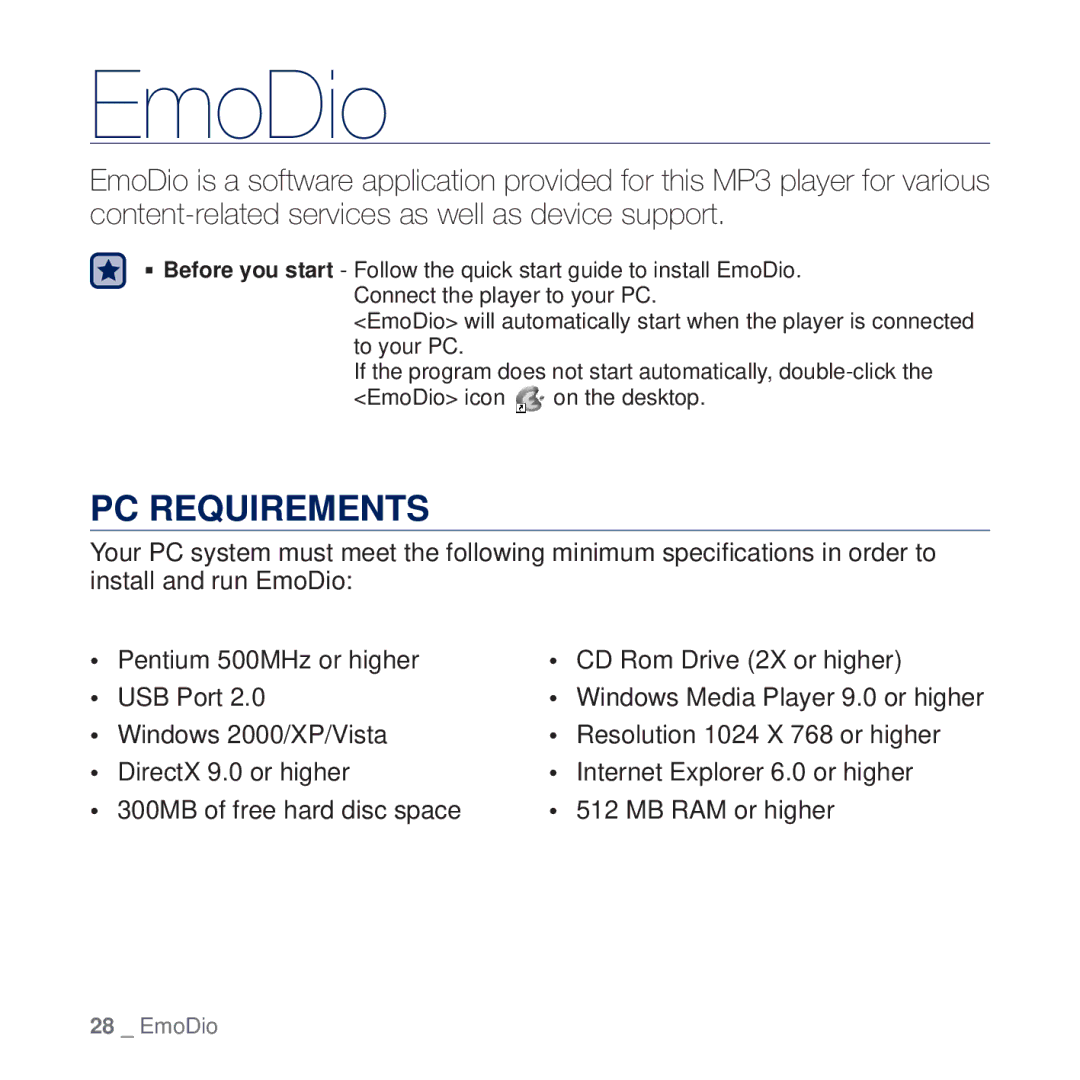 Samsung YP-Q2AW/HAC, YP-Q2CB/AAW, YP-Q2CB/HAC, YP-Q2CB/MEA, YP-Q2AW/AAW, YP-Q2CW/HAC, YP-Q2CW/MEA manual EmoDio, PC Requirements 