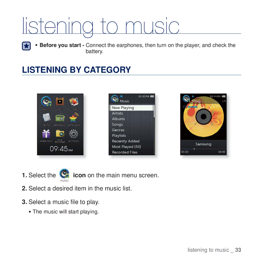 Samsung YP-Q2AB/XSV, YP-Q2CB/AAW, YP-Q2CB/HAC, YP-Q2CB/MEA, YP-Q2AW/AAW, YP-Q2CW/HAC Listening to music, Listening by Category 