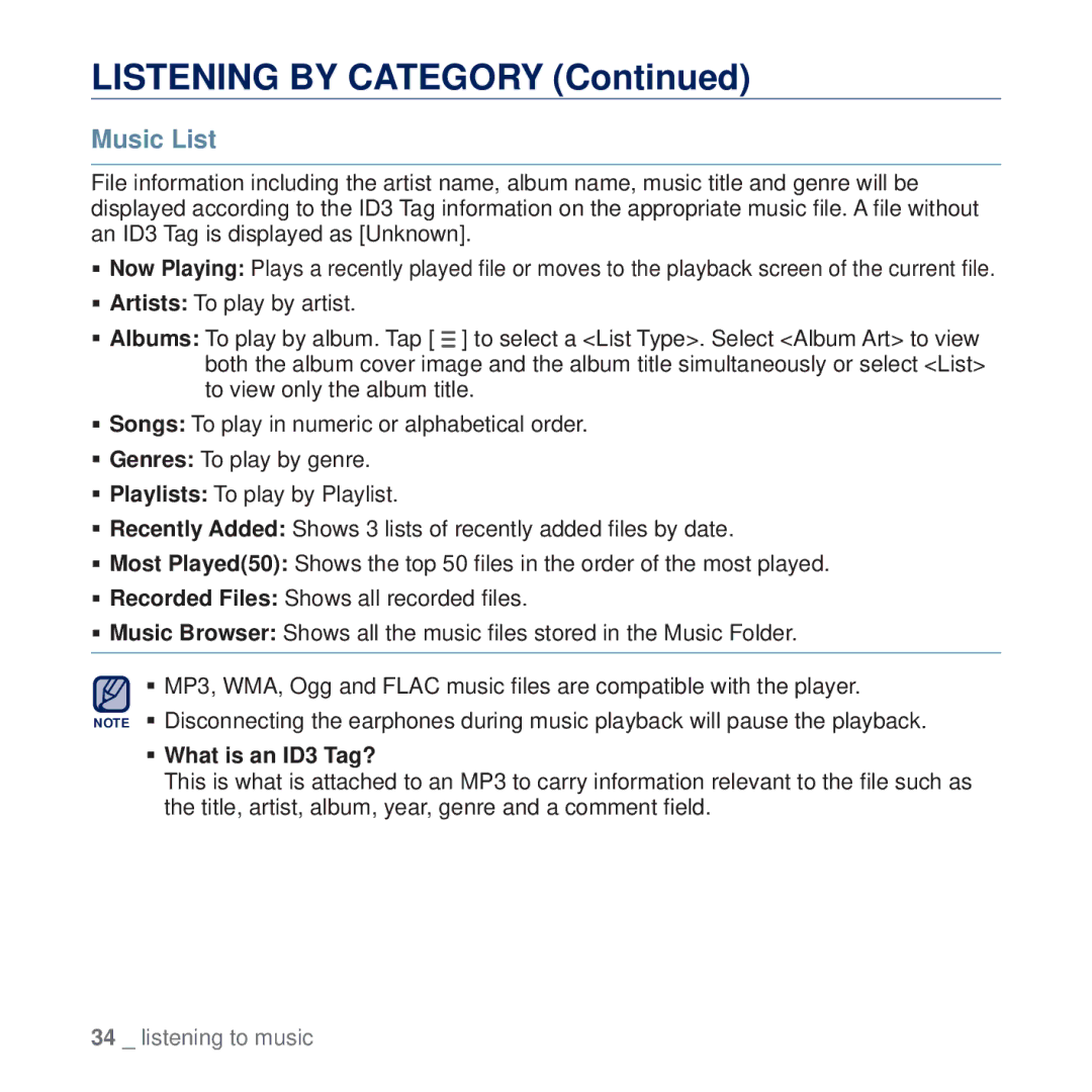 Samsung YP-Q2AB/SUN, YP-Q2CB/AAW, YP-Q2CB/HAC, YP-Q2CB/MEA, YP-Q2AW/AAW, YP-Q2CW/HAC manual Listening by Category, Music List 