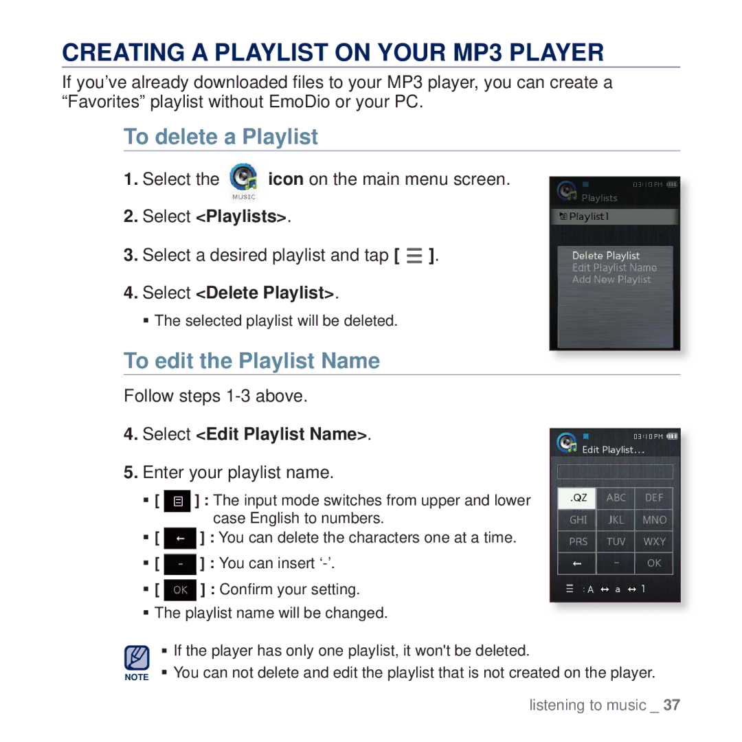 Samsung YP-Q2AW/SUN, YP-Q2CB/AAW Creating a Playlist on Your MP3 Player, To delete a Playlist, To edit the Playlist Name 