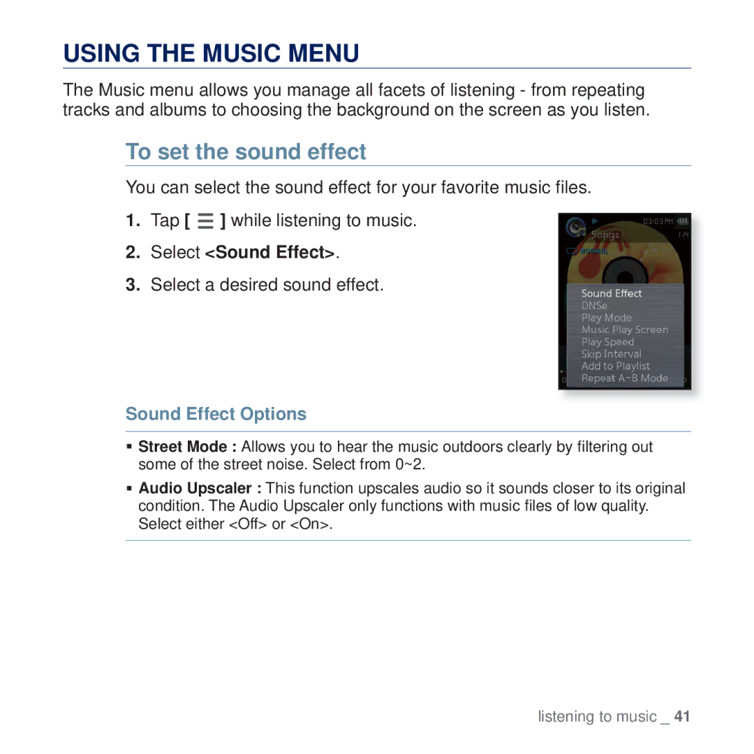 Samsung YP-Q2AW/AAW Using the Music Menu, To set the sound effect, Select Sound Effect, Select a desired sound effect 