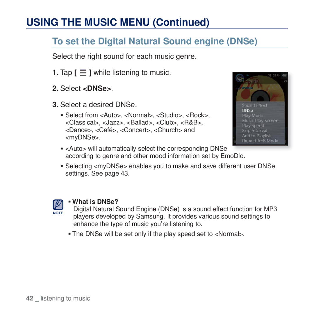 Samsung YP-Q2CW/HAC, YP-Q2CB/AAW, YP-Q2CB/HAC manual Using the Music Menu, To set the Digital Natural Sound engine DNSe 