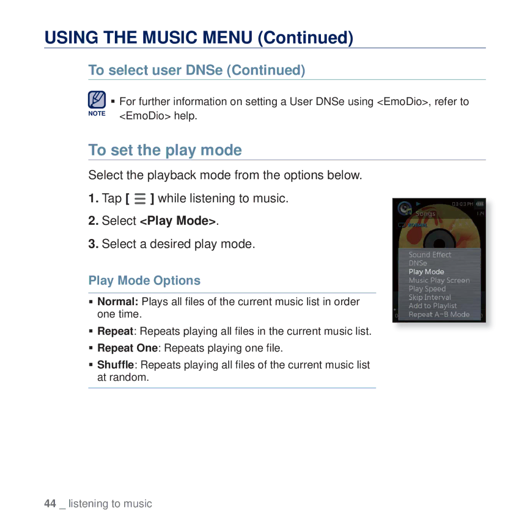 Samsung YP-Q2AB/AAW, YP-Q2CB/AAW To set the play mode, Select Play Mode, Select a desired play mode, Play Mode Options 