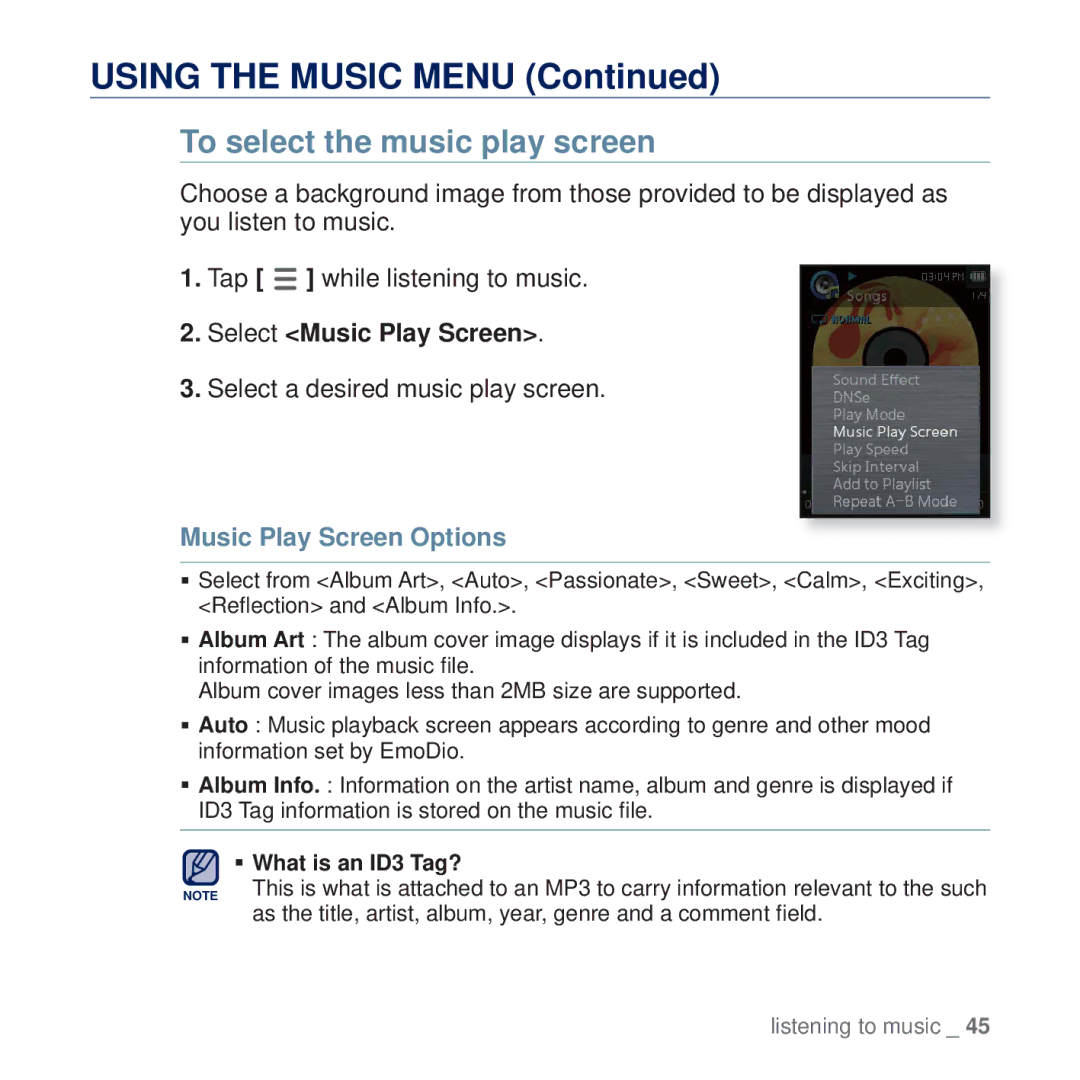 Samsung YP-Q2CW/AAW manual To select the music play screen, Select Music Play Screen, Select a desired music play screen 