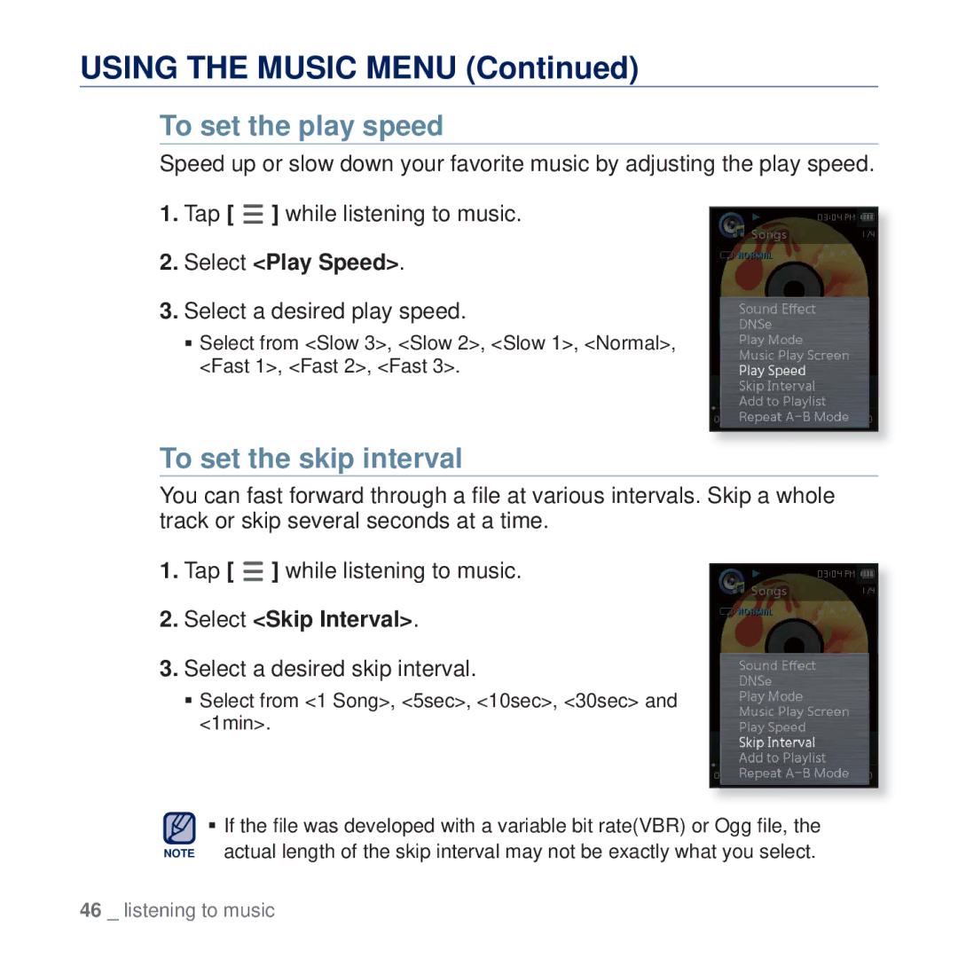 Samsung YP-Q2AB/HAC, YP-Q2CB/AAW To set the play speed, To set the skip interval, Select Play Speed, Select Skip Interval 