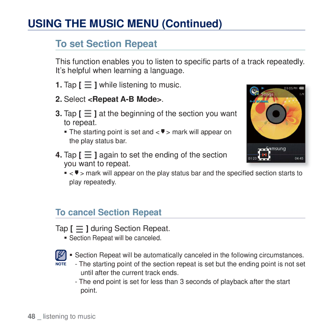 Samsung YP-Q2AB/MEA To set Section Repeat, Select Repeat A-B Mode, Tap at the beginning of the section you want to repeat 