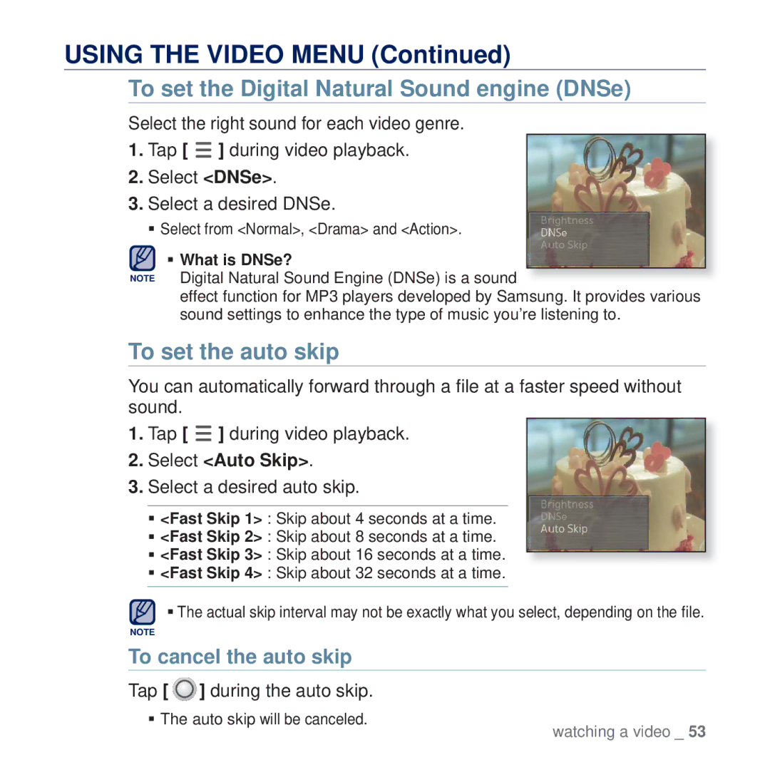 Samsung YP-Q2AB/SUN, YP-Q2CB/AAW Using the Video Menu, To set the auto skip, Select Auto Skip, Select a desired auto skip 