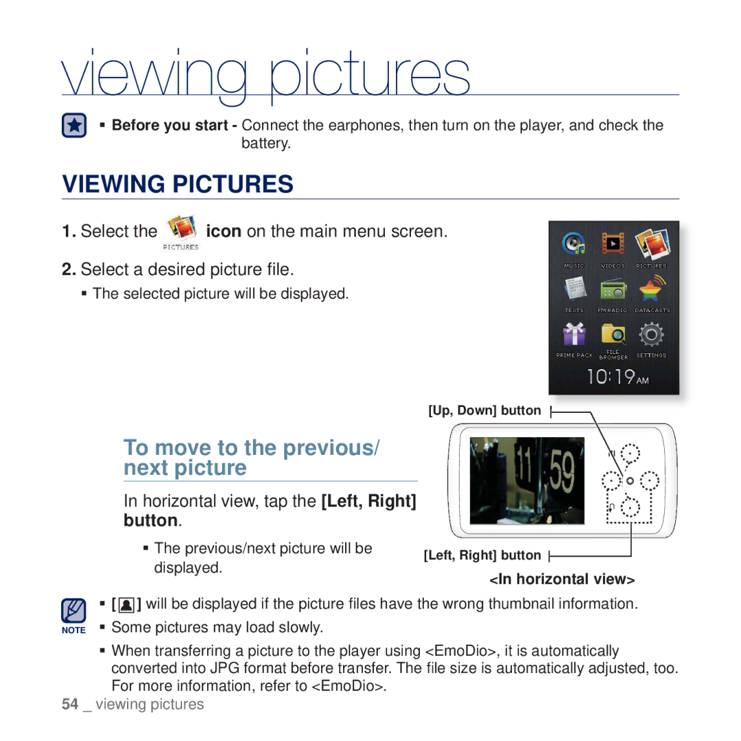 Samsung YP-Q2CB/SUN, YP-Q2CB/AAW, YP-Q2CB/HAC Viewing pictures, Viewing Pictures, To move to the previous/ next picture 