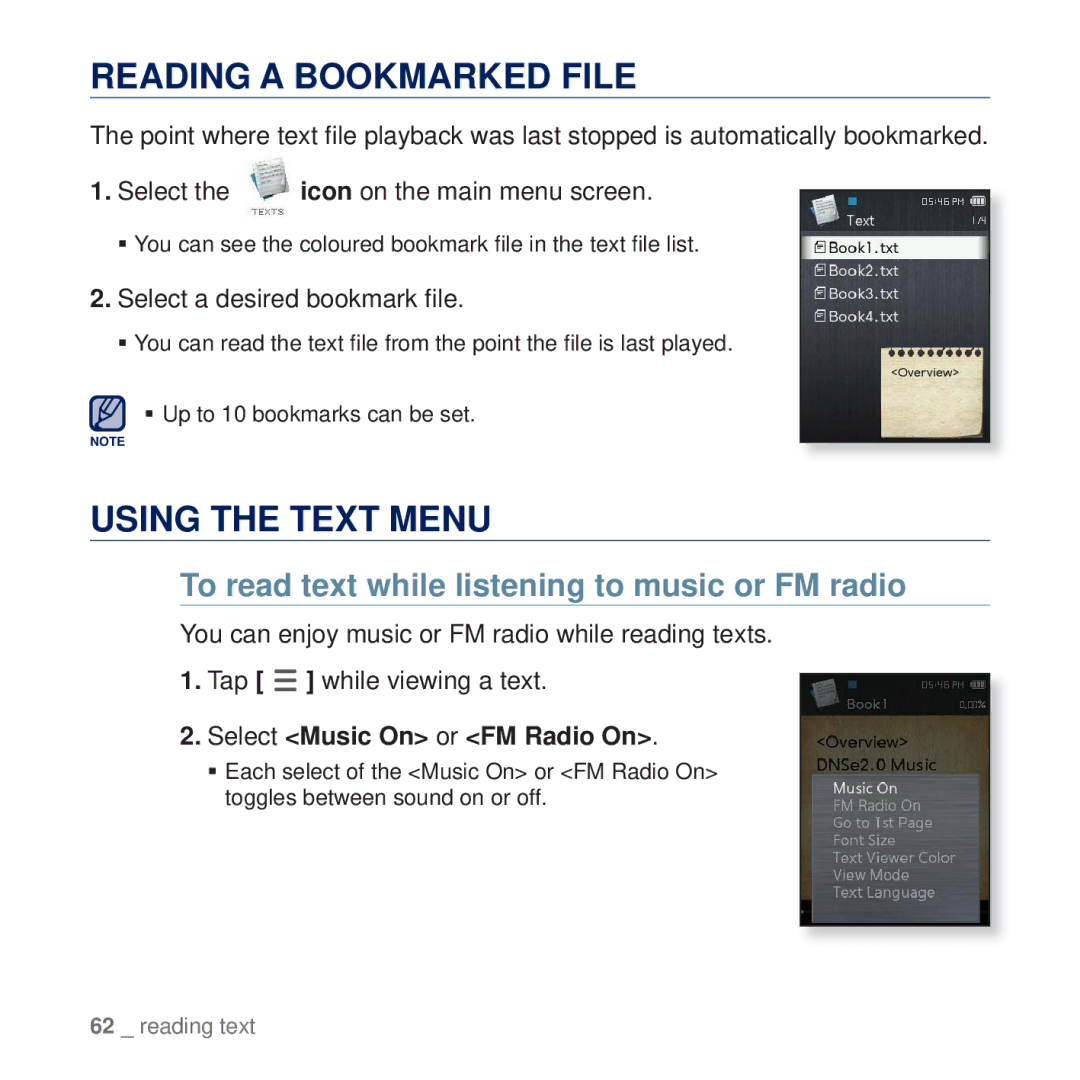 Samsung YP-Q2CW/MEA Reading a Bookmarked File, Using the Text Menu, To read text while listening to music or FM radio 