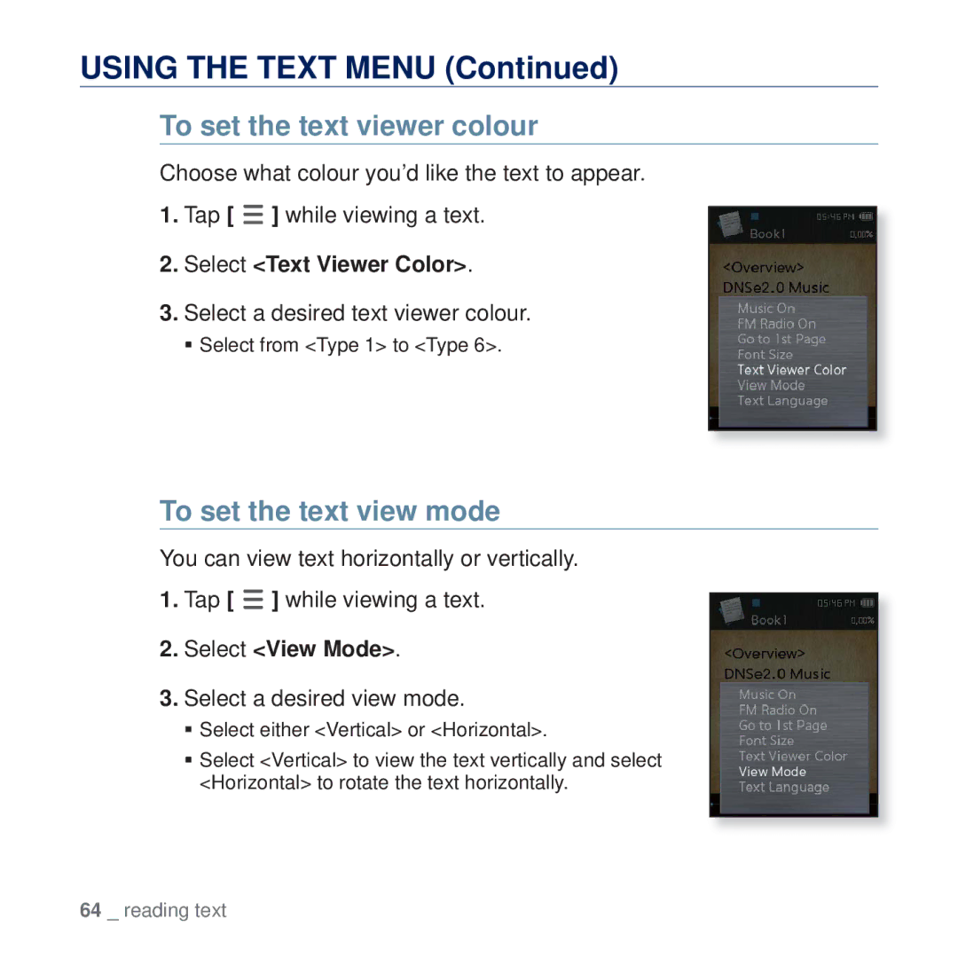 Samsung YP-Q2CW/AAW To set the text viewer colour, To set the text view mode, Select Text Viewer Color, Select View Mode 