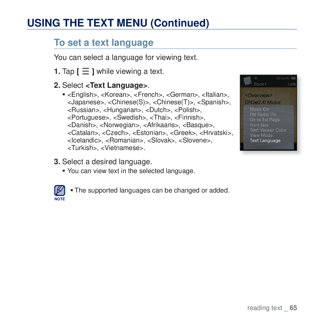 Samsung YP-Q2AB/HAC, YP-Q2CB/AAW, YP-Q2CB/HAC manual To set a text language, Select Text Language, Select a desired language 