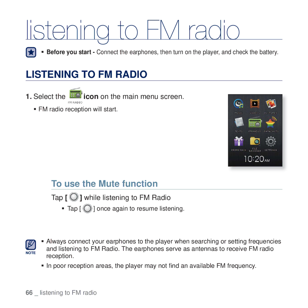 Samsung YP-Q2AW/HAC, YP-Q2CB/AAW, YP-Q2CB/HAC manual Listening to FM radio, Listening to FM Radio, To use the Mute function 