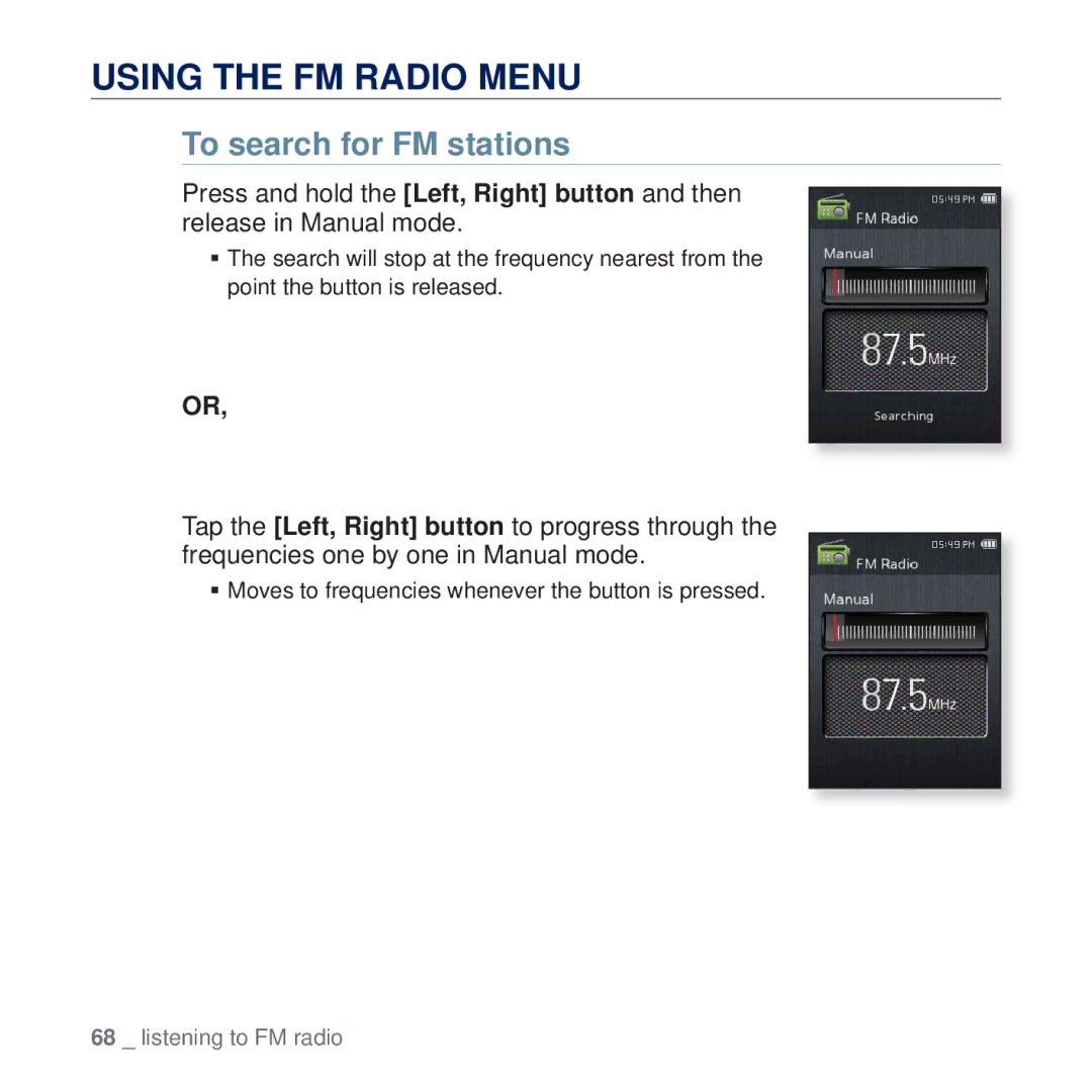 Samsung YP-Q2CW/XSV, YP-Q2CB/AAW, YP-Q2CB/HAC, YP-Q2CB/MEA, YP-Q2AW/AAW Using the FM Radio Menu, To search for FM stations 