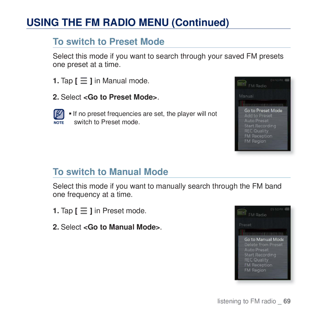 Samsung YP-Q2CB/XSV Using the FM Radio Menu, To switch to Preset Mode, To switch to Manual Mode, Select Go to Preset Mode 