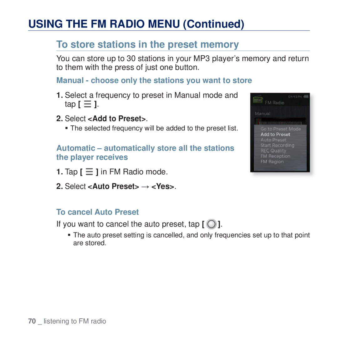 Samsung YP-Q2AW/XSV, YP-Q2CB/AAW To store stations in the preset memory, Manual choose only the stations you want to store 