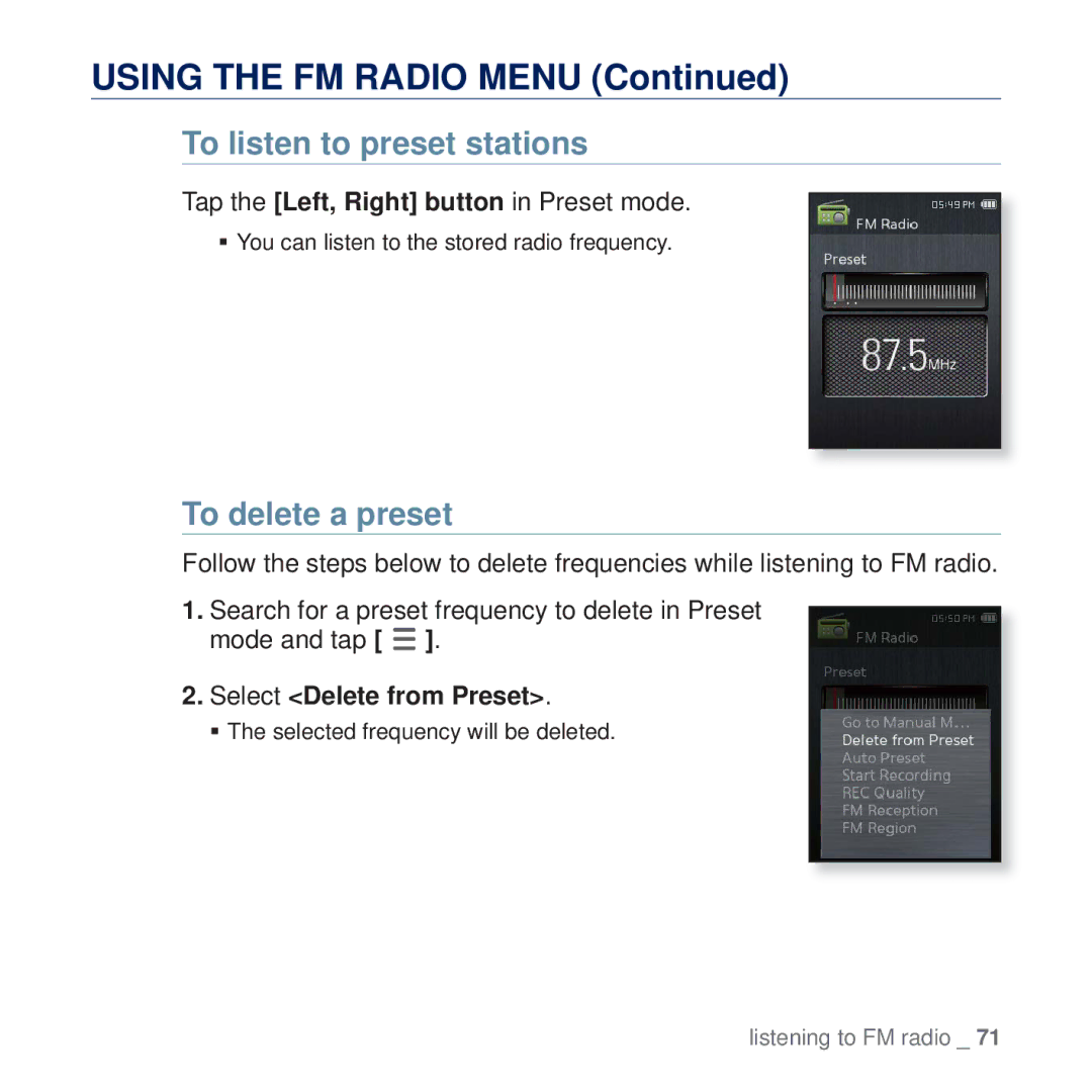 Samsung YP-Q2AB/XSV manual To listen to preset stations, To delete a preset, Tap the Left, Right button in Preset mode 