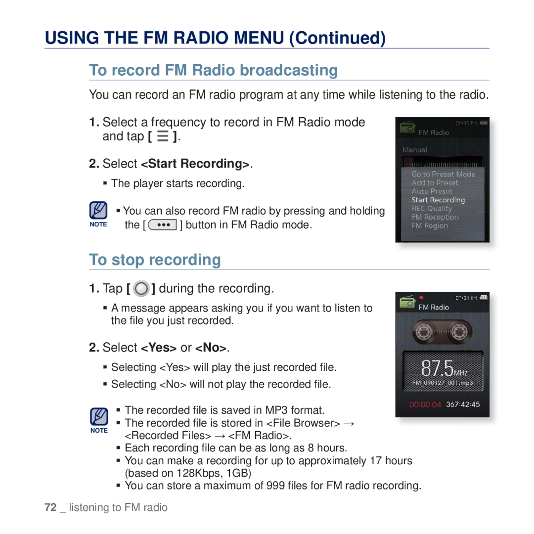 Samsung YP-Q2AB/SUN To record FM Radio broadcasting, To stop recording, Select Start Recording, Tap during the recording 