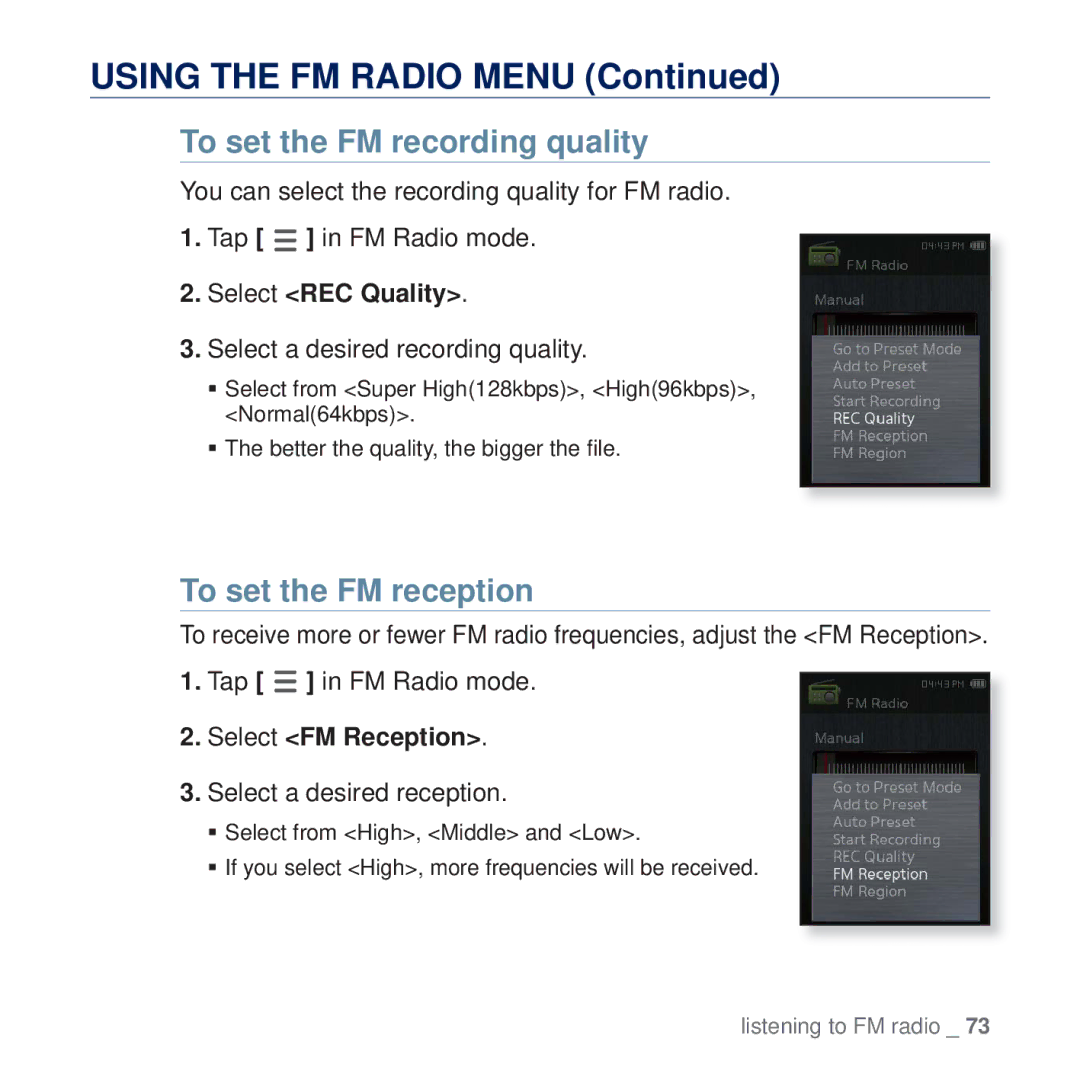 Samsung YP-Q2CB/SUN To set the FM recording quality, To set the FM reception, Select REC Quality, Select FM Reception 