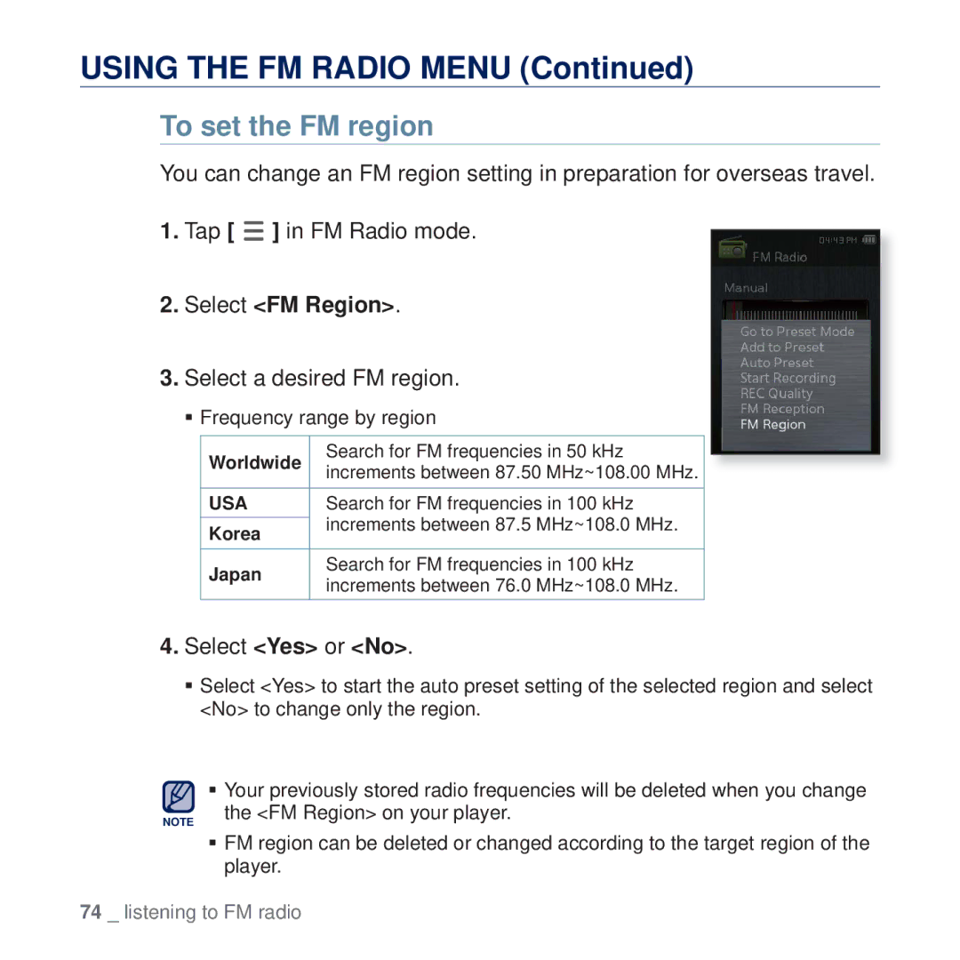 Samsung YP-Q2CW/SUN, YP-Q2CB/AAW, YP-Q2CB/HAC manual To set the FM region, Select FM Region, Select a desired FM region 