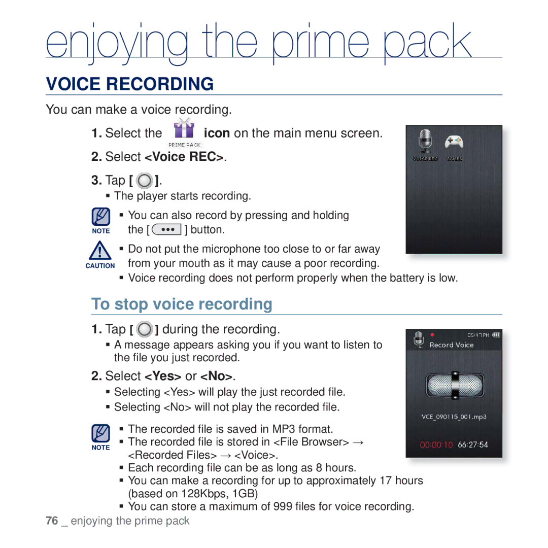 Samsung YP-Q2CB/AAW, YP-Q2CB/HAC manual Enjoying the prime pack, Voice Recording, To stop voice recording, Select Voice REC 