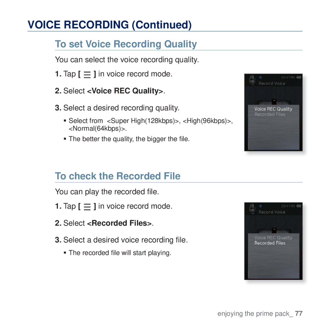 Samsung YP-Q2CB/HAC, YP-Q2CB/AAW To set Voice Recording Quality, To check the Recorded File, Select Voice REC Quality 