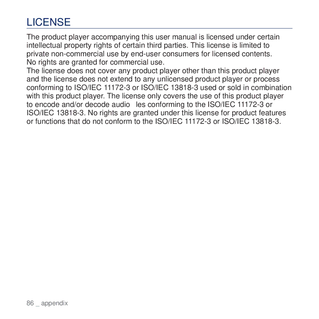 Samsung YP-Q2AB/MEA, YP-Q2CB/AAW, YP-Q2CB/HAC, YP-Q2CB/MEA, YP-Q2AW/AAW, YP-Q2CW/HAC, YP-Q2CW/MEA, YP-Q2AB/AAW manual License 