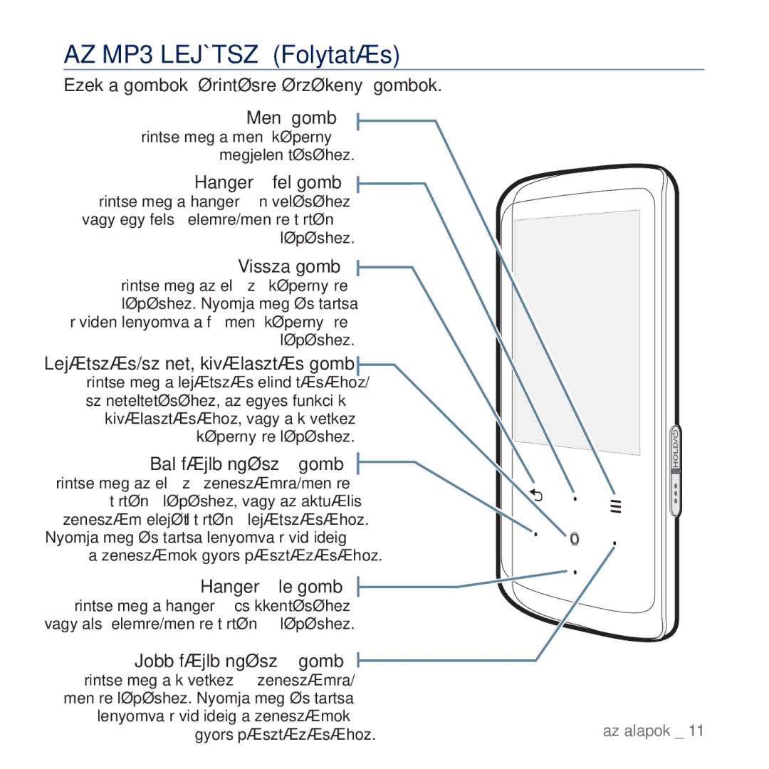 Samsung YP-Q2JCB/EDC manual AZ MP3 Lejátszó Folytatás, Ezek a gombok érintésre érzékeny gombok, Jobb fájlböngészĘ gomb 