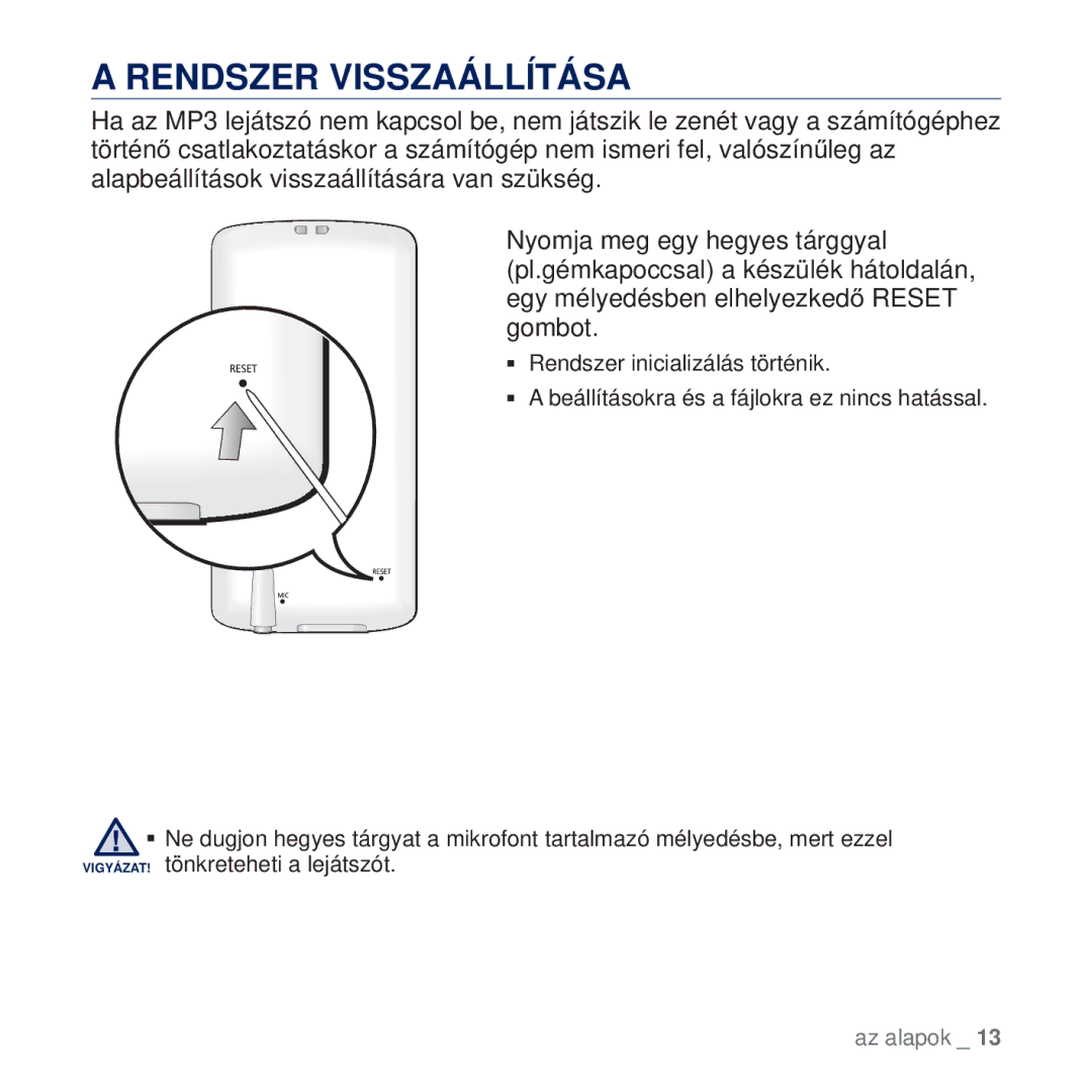 Samsung YP-Q2JEB/EDC, YP-Q2JAB/EDC, YP-Q2JCW/EDC, YP-Q2JCB/EDC manual Rendszer Visszaállítása 