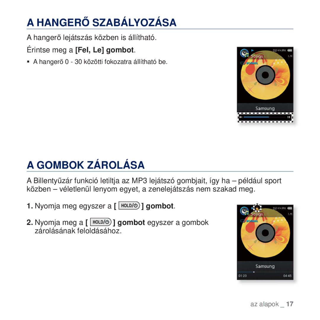 Samsung YP-Q2JEB/EDC, YP-Q2JAB/EDC manual HANGERė Szabályozása, Gombok Zárolása, HangerĘ lejátszás közben is állítható 