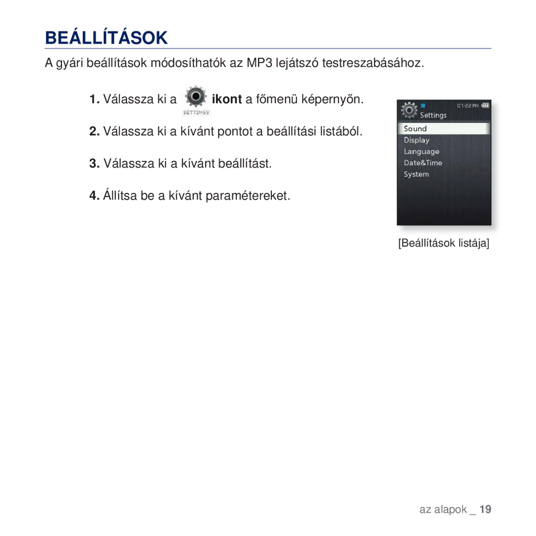 Samsung YP-Q2JCB/EDC, YP-Q2JAB/EDC, YP-Q2JEB/EDC, YP-Q2JCW/EDC manual Beállítások 