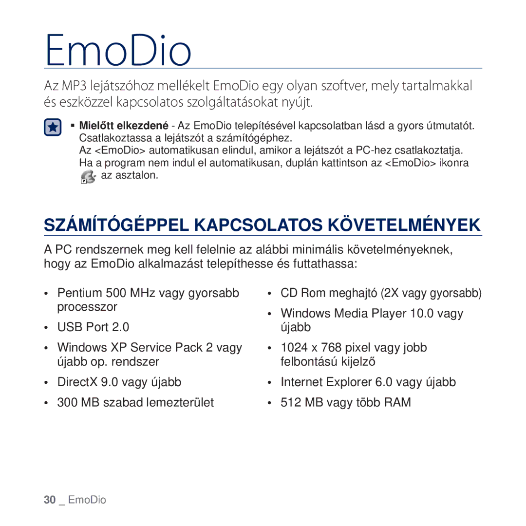 Samsung YP-Q2JCW/EDC, YP-Q2JAB/EDC, YP-Q2JEB/EDC, YP-Q2JCB/EDC manual EmoDio, Számítógéppel Kapcsolatos Követelmények 