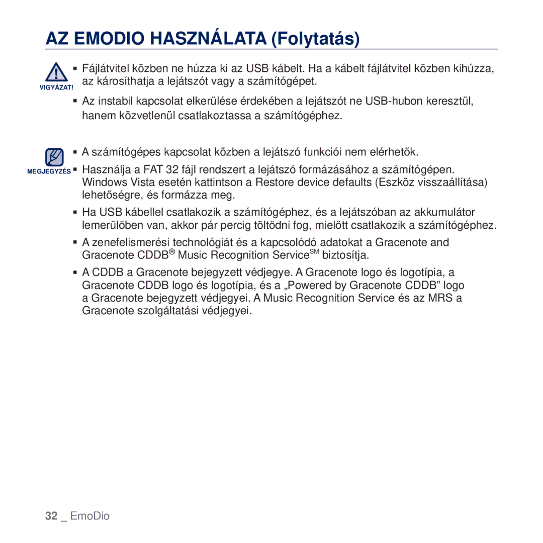 Samsung YP-Q2JAB/EDC, YP-Q2JEB/EDC, YP-Q2JCW/EDC, YP-Q2JCB/EDC manual AZ Emodio Használata Folytatás 