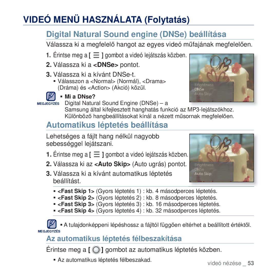 Samsung YP-Q2JEB/EDC, YP-Q2JAB/EDC, YP-Q2JCW/EDC manual Videó Menü Használata Folytatás, Automatikus léptetés beállítása 