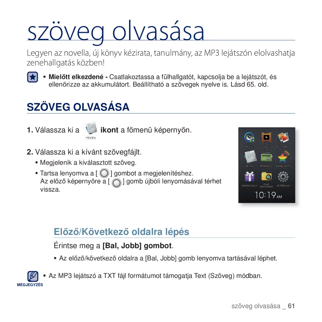 Samsung YP-Q2JEB/EDC manual Szöveg olvasása, Szöveg Olvasása, ElĘzĘ/KövetkezĘ oldalra lépés, Érintse meg a Bal, Jobb gombot 