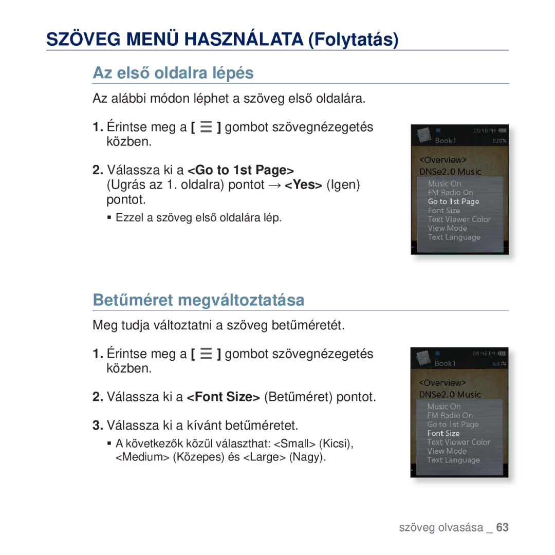 Samsung YP-Q2JCB/EDC, YP-Q2JAB/EDC manual Szöveg Menü Használata Folytatás, Az elsĘ oldalra lépés, BetĦméret megváltoztatása 