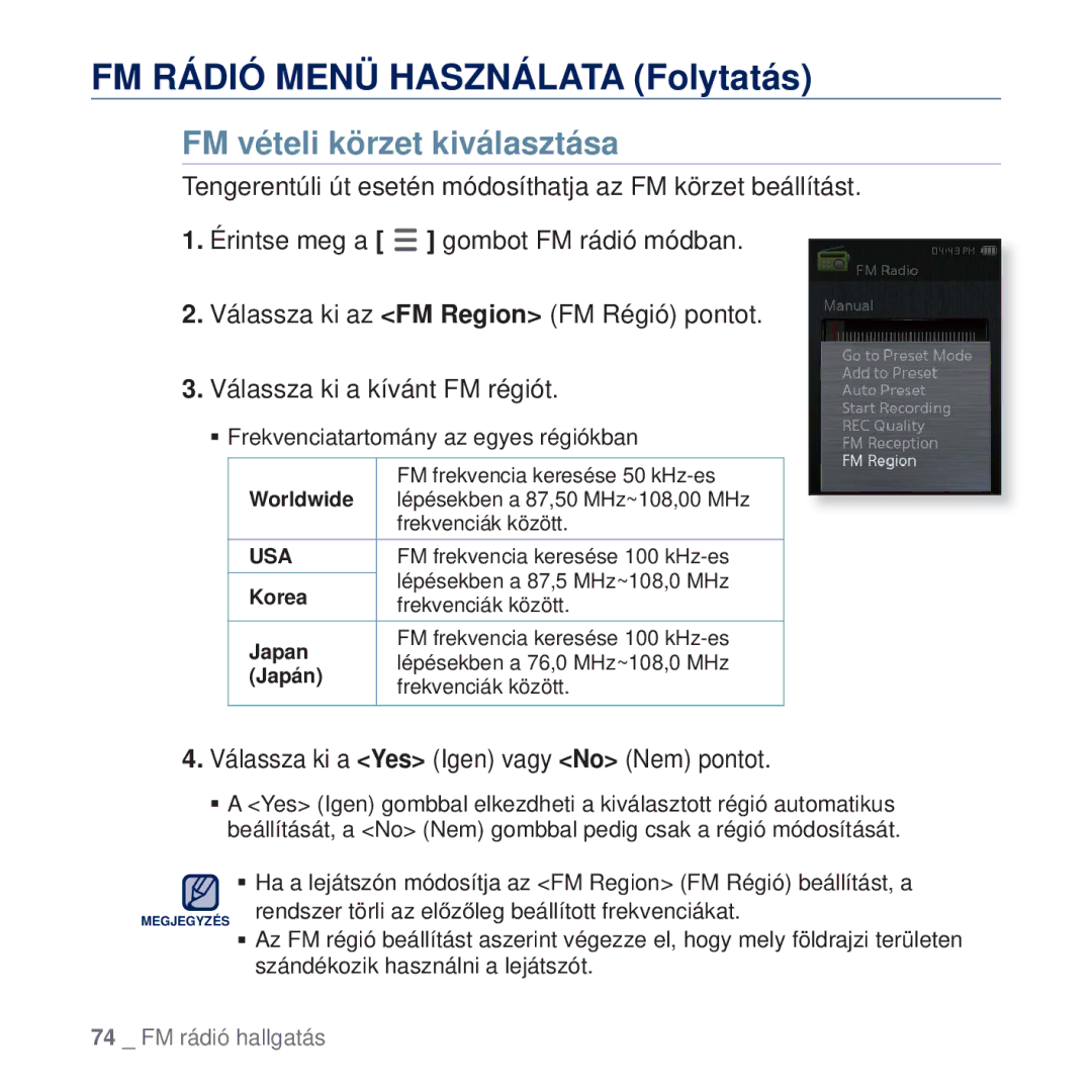 Samsung YP-Q2JCW/EDC, YP-Q2JAB/EDC, YP-Q2JEB/EDC, YP-Q2JCB/EDC manual FM vételi körzet kiválasztása, Usa 