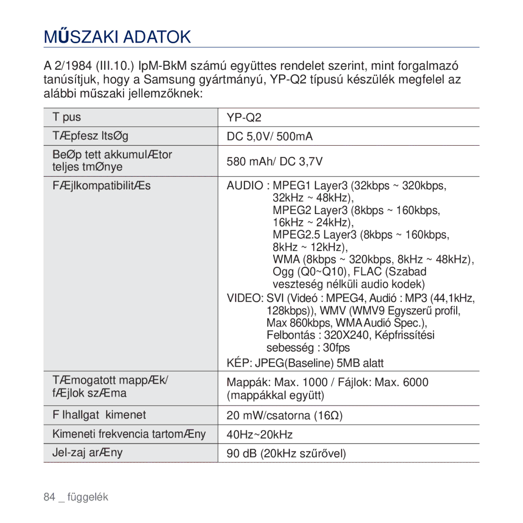 Samsung YP-Q2JAB/EDC, YP-Q2JEB/EDC, YP-Q2JCW/EDC, YP-Q2JCB/EDC manual MĥSZAKI Adatok, Fájlkompatibilitás 