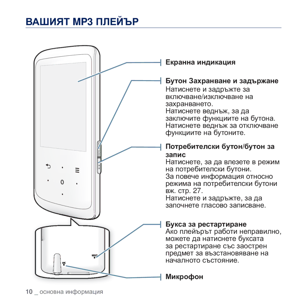 Samsung YP-Q2JEW/EDC ȻȺɒɂəɌ MP3 ɉɅȿɃɔɊ, Ȿɤɪɚɧɧɚ ɢɧɞɢɤɚɰɢɹ Ȼɭɬɨɧ Ɂɚɯɪɚɧɜɚɧɟ ɢ ɡɚɞɴɪɠɚɧɟ, Ɉɨɬɪɟɛɢɬɟɥɫɤɢ ɛɭɬɨɧ/ɛɭɬɨɧ ɡɚ ɡɚɩɢɫ 