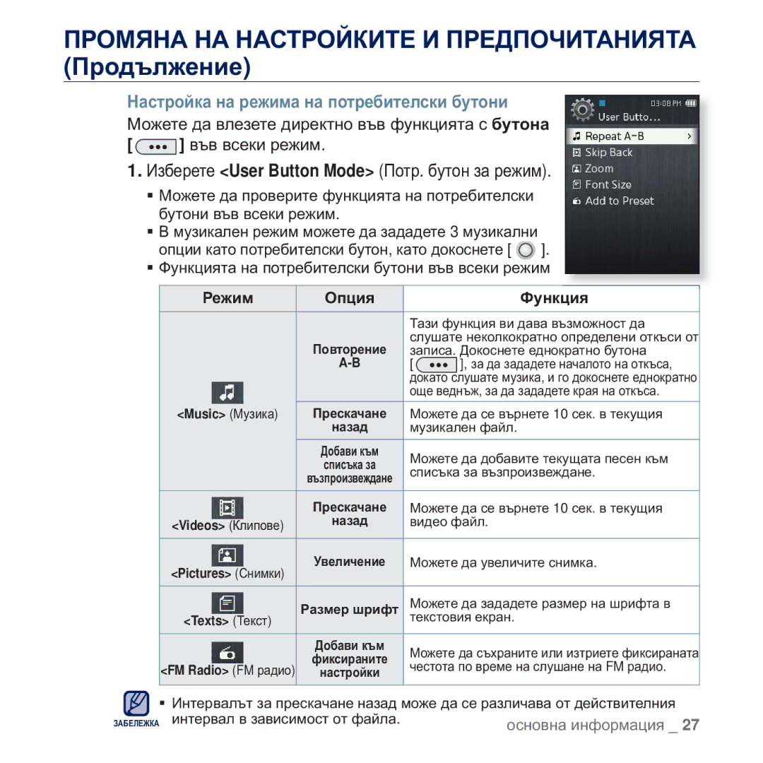 Samsung YP-Q2JCB/EDC manual Ɇɚɫɬɪɨɣɤɚ ɧɚ ɪɟɠɢɦɚ ɧɚ ɩɨɬɪɟɛɢɬɟɥɫɤɢ ɛɭɬɨɧɢ, Ɂɡɛɟɪɟɬɟ User Button Mode ɉɨɬɪ. ɛɭɬɨɧ ɡɚ ɪɟɠɢɦ 