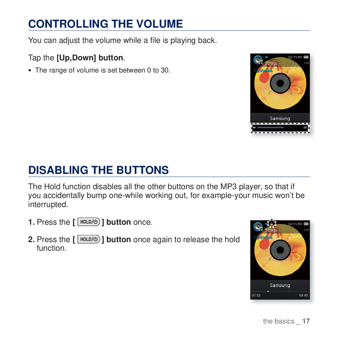 Samsung YP-Q2JAW/XEE manual Controlling the Volume, Disabling the Buttons, Tap the Up,Down button, Press the button once 