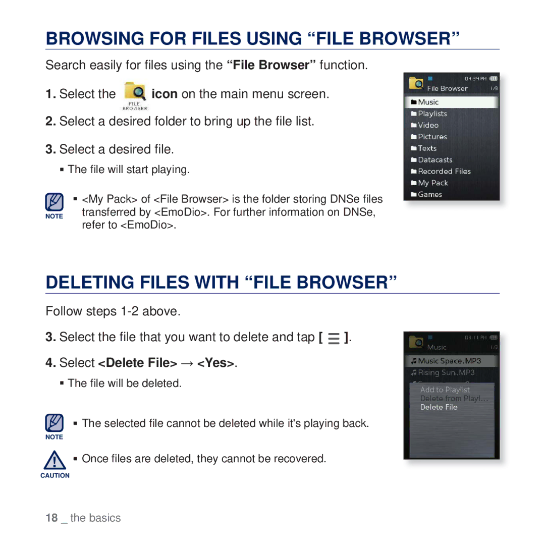 Samsung YP-Q2JEB/XEE manual Browsing for Files Using File Browser, Deleting Files with File Browser, Select Delete File Yes 